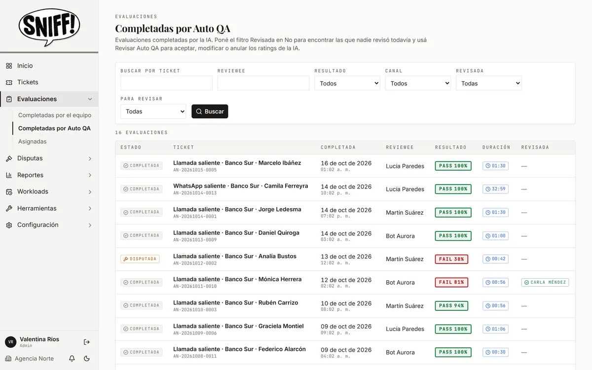 Lista de evaluaciones completadas por Auto QA con filtros