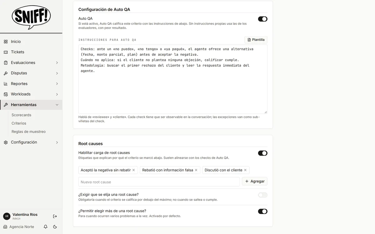 Editor de un criterio con las instrucciones para Auto QA