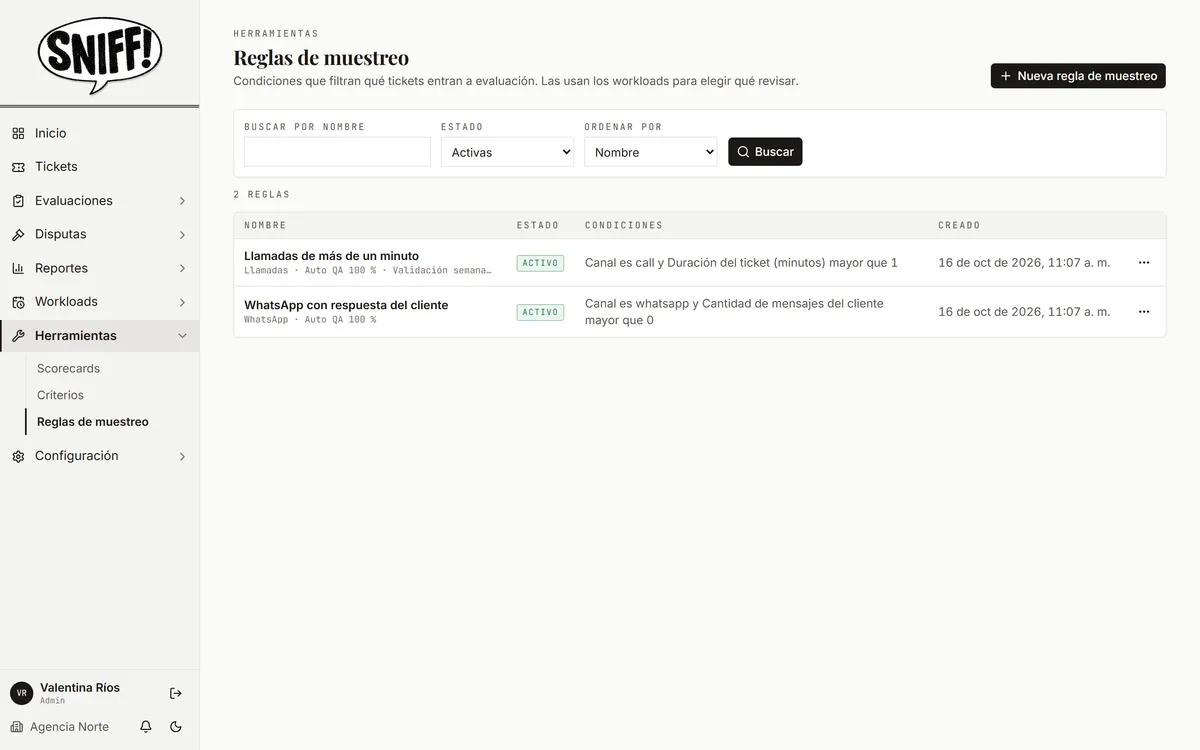Lista de reglas de muestreo